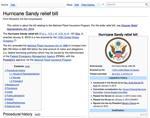 The Wikipedia article on the Hurricane Sandy relief bill, written with the assistance of the Legislative Data WikiProject